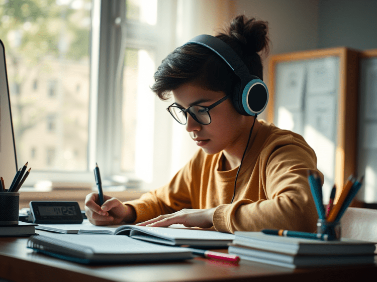 Focused student studying at a well-prepared desk in a room with natural light, wearing noise-canceling headphones and utilizing a visual timer, planner, and notebooks to enhance their study routine.
