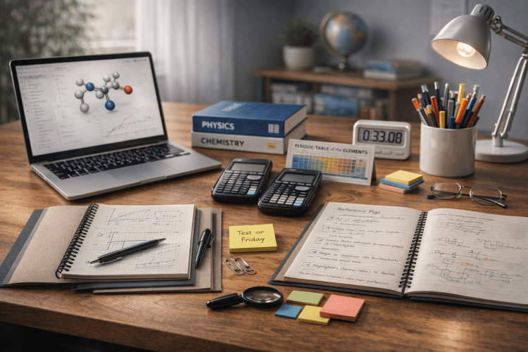 A study desk featuring a laptop displaying molecular structures and graphs, stacked textbooks labeled 'Physics' and 'Chemistry,' a periodic table, two calculators, various stationery items, two notebooks with handwritten notes, a clock, and sticky notes indicating a test date.