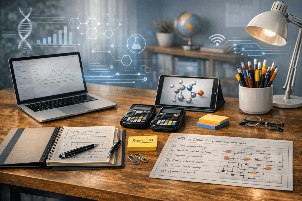 STEM and technology study workspace with laptop, tablet, calculators, and digital science overlays
