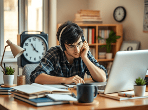 A young man wearing headphones sitting at a desk, focused on a laptop. Books and a coffee mug are on the table, with a clock on the wall and a plant nearby.